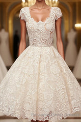 A-line Scoop Lace Short Semi Formal Prom Dresses Cap Sleeves Homecoming Dresses